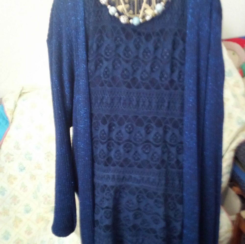 Blue lace blouse and tea length duster sweater